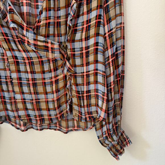 Maeve Anthropologie Laila Plaid Chiffon Ruffle Blouse Sz 8 - Picture 4 of 9